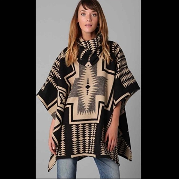 Pendleton Portland Collection Black Cream Tribal Print Poncho O/S - Picture 3 of 4